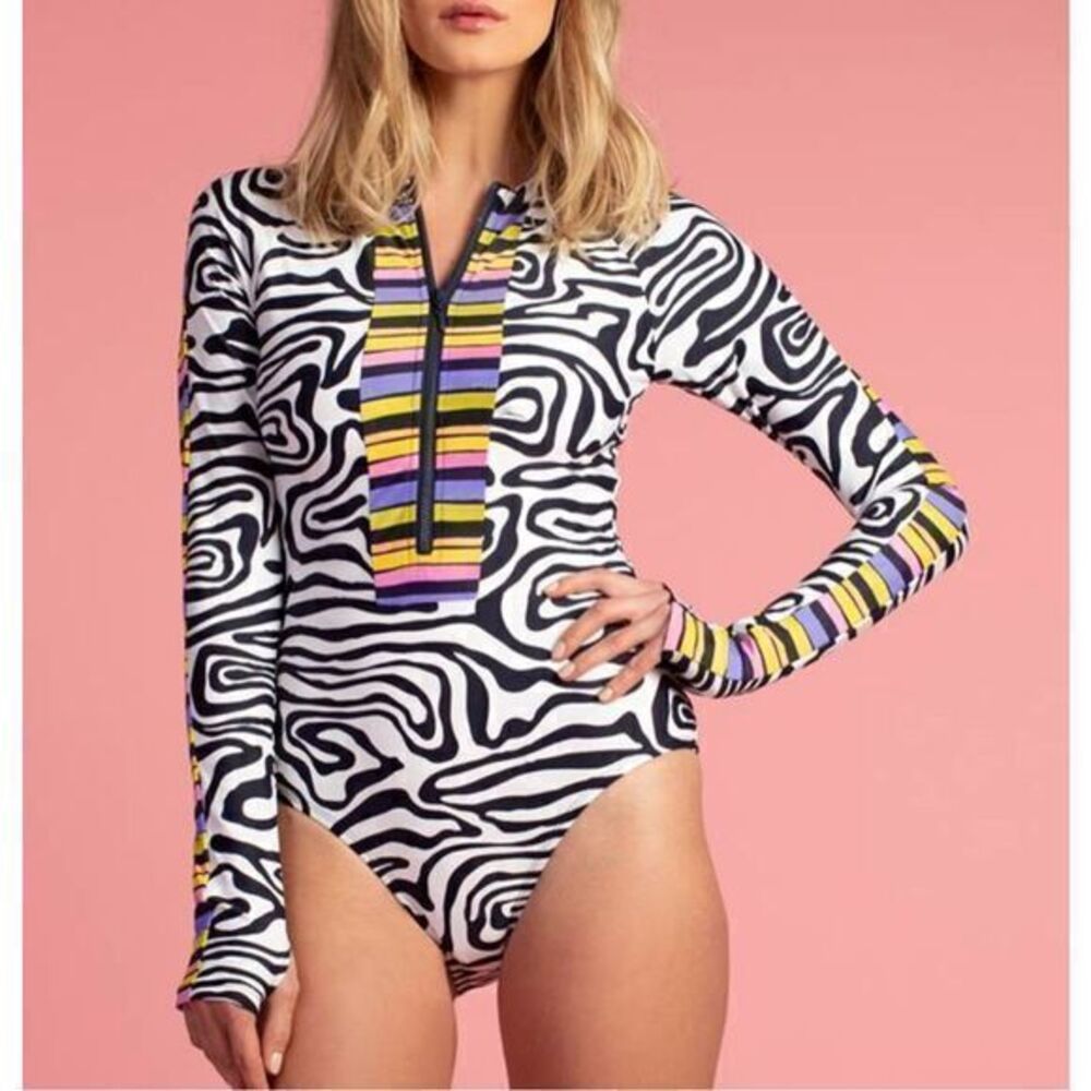 Trina Turk Swimsuit Womens Size 12 Black White Pink Yellow Zebra Print One piece